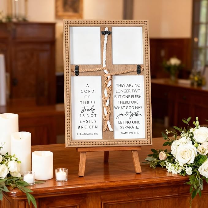 Farmhouse A Cord of Three Strands Wedding Ceremony Sign with Wooden Bead and Hanging Hook, Vintage Rustic Wood Unity Cross for Wedding Ceremony, 11 X 15 Religious Christian Wall Decor Gift for Couple