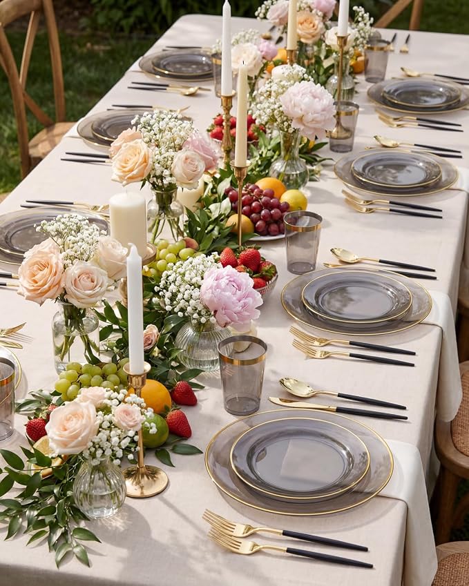 Supernal 180PCS Black and Gold Plastic Dinnerware Set for 30 Guests - Elegant Disposable Plates with Gold Plastic Silverware & Cups - Heavy Duty Party Supplies for Graduation, Wedding, and Anniversary