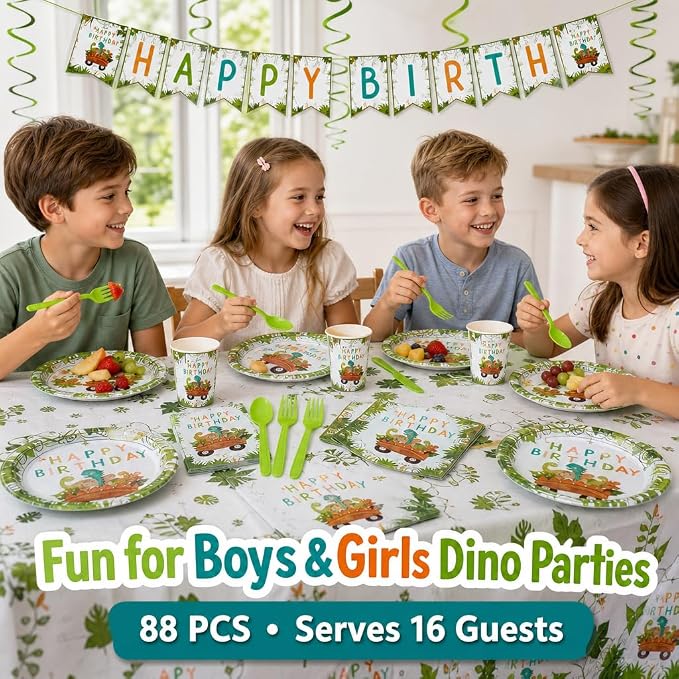 Dinosaur Birthday Decorations Party Supplies Kit, 88 PCS Dino Party Decorations Tableware Set Serves 16 with Plates Cups Napkins Cutlery Tablecloth Banner Hanging Swirls for Prehistoric Theme