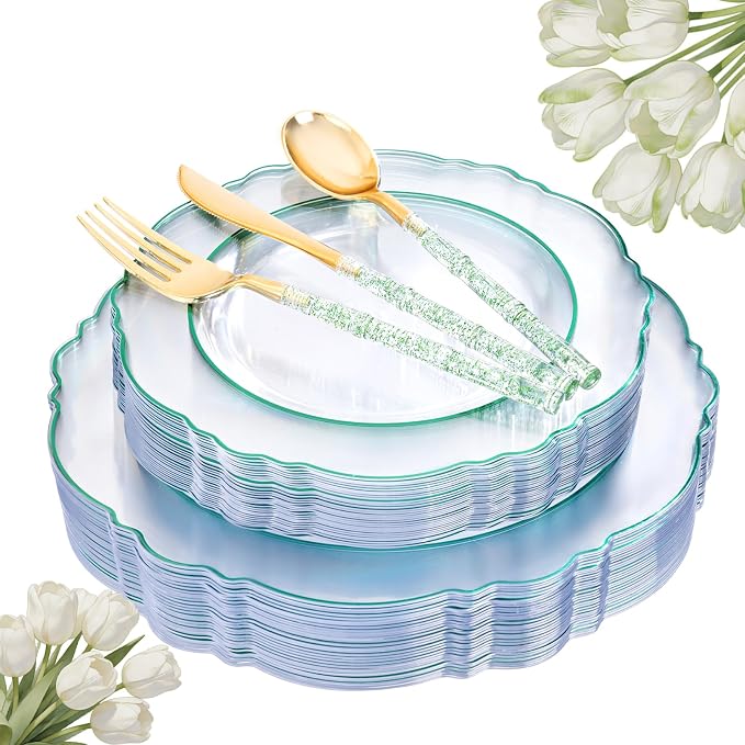Liacere 150PCS Clear and Green Plastic Plates - Disposable Plates with Glitter Bamboo Handle Cutlery - 60 Baroque Elegant Plates,30Forks,30Spoons,30Knives for Wedding & Party
