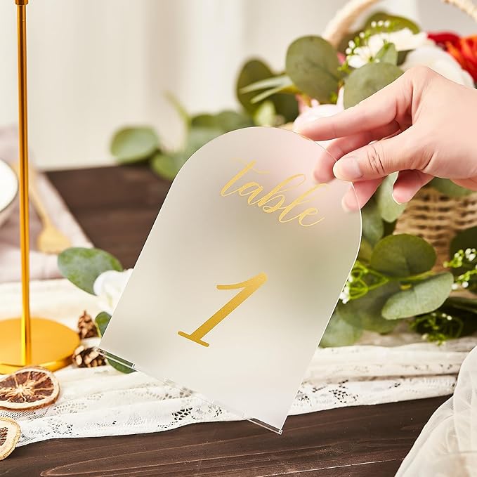 SHINVALE Arch Acrylic Wedding Table Numbers with Gold Foil Font – Frosted Finish, Elegant Modern Design with Stands, Easy Assembly Table Signs for Weddings, Parties & Events (20, 5" x 7")