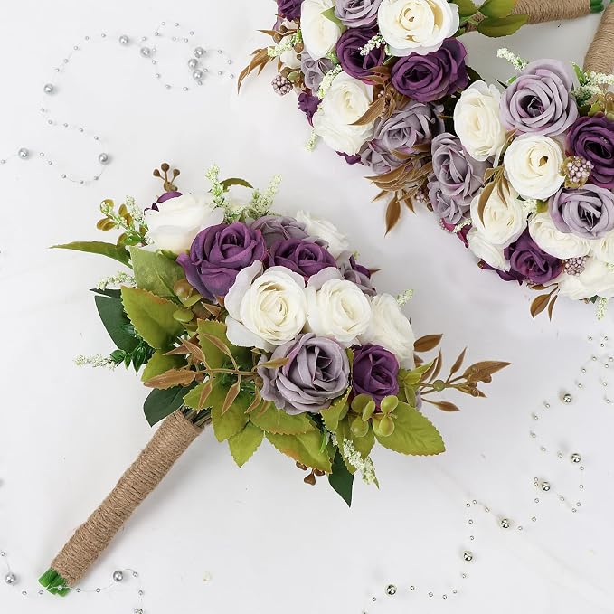 Set of 6 Bridesmaid Bouquets for Wedding - 7 Inch Artificial Ivory Flower Bouquet for Party Ceremony Anniversary Dinning Table Centerpieces Decor - Dusty Purple