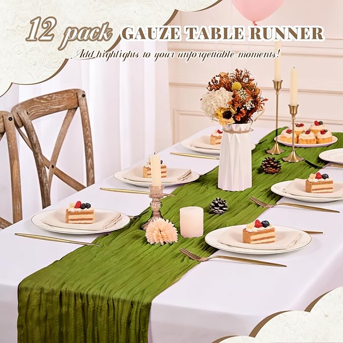 Pesonlook 24 Pack Cheesecloth Table Runner,Olive Green Table Runner Long Romantic Semi Sheer Rustic Boho Gauze Table Runners for Wedding Bridal Shower Birthday Party Decorations(17.7×108 Inch)