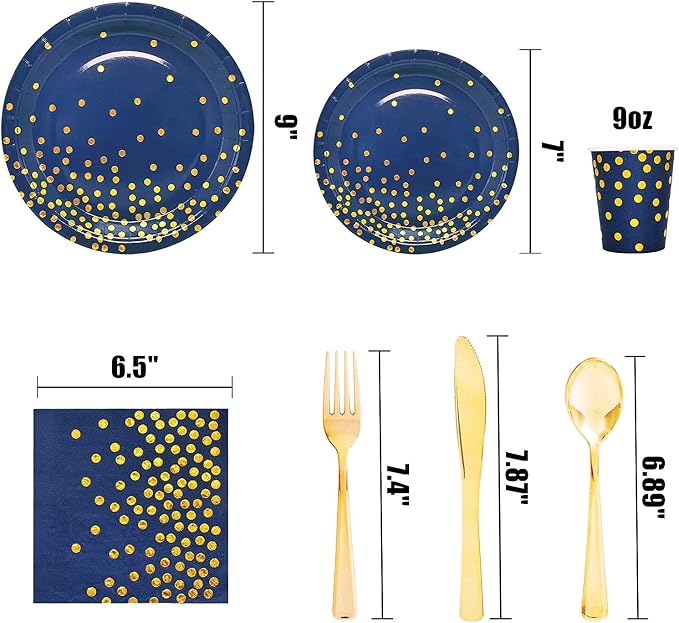 168Pcs Navy Blue Plates and Napkins Party Supplies, Blue Paper Plates Serve 24, blue and Gold Party Decorations, for Birthday, Fathers Day, Graduation, 4th of July