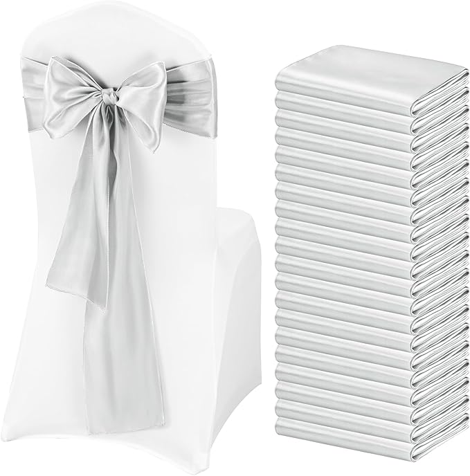 Pesonlook 60 PCS Silver Satin Chair Sashes Bows Satin Chair Sashes Universal Chair Cover for Wedding Reception Restaurant Event Decoration Banquet,Party,Hotel Event Decorations (7 x 108 inch)