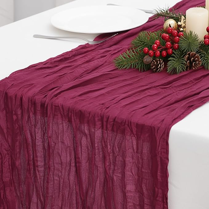 12 Pack Burgundy Red Cheesecloth Table Runner 120 Inch 10FT Cheese Cloth Runners for Banquet, Valentine's Day, Independence Day, Retro Decoration