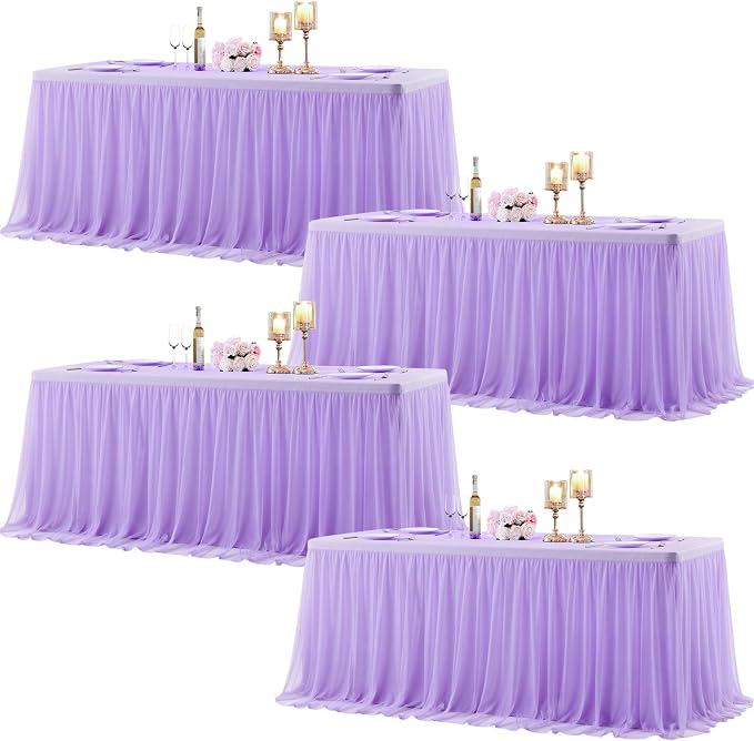 Purple Fitted Tablecloth Rectangle 8 Foot Stretch Elastic Tulle Ruffle Tablecloths Rectangular Spandex Table Covers 8ft Birthday Baby Shower Wedding Party Lilac Lavender Table Cloths with Skirt 4Pack