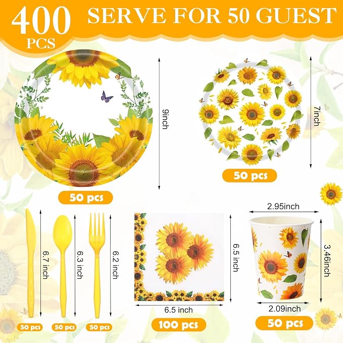 Pickmesh 400 Pcs Sunflower Party Supplies for 50 Guests Disposable Paper Plates Napkins Cups Spoons Forks Knives for Birthday Wedding Bridal Shower Baby Shower Sunflower Table Decorations