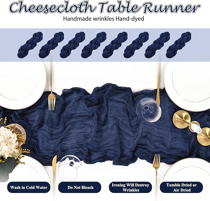 20 Pack Navy Blue Cheesecloth Table Runner 10FT Long Boho Gauze Fabric Table Runner Vintage Rustic Sheer Runners for Wedding Party Bridal Baby Shower Table Decorations