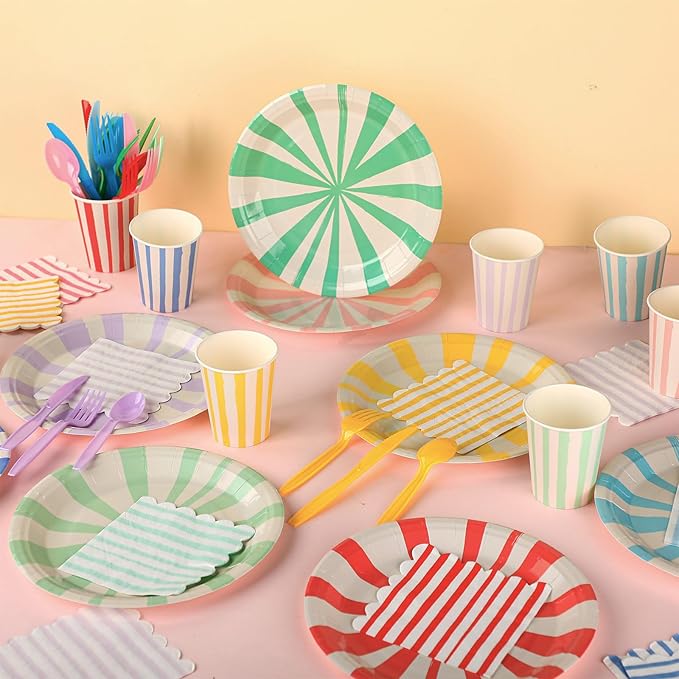 Meanplan 288 Pcs Pastel Striped Party Supplies Include 9 Inch Stripe Paper Plate Cups Paper Napkins Colorful Disposable Tableware Striped Pastel Rainbow Dinnerware Set for Baby Shower Birthday Wedding