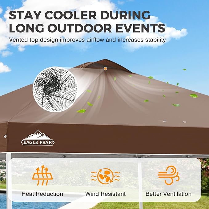 EAGLE PEAK Pop Up Canopy Tent with Wheeled Carry Bag, 8 Stakes, 4 Ropes, 4 Weight Bags, Easy Set Up Tent Canopy, 10x10 ft, 100sqft of Shade, Dark Brown