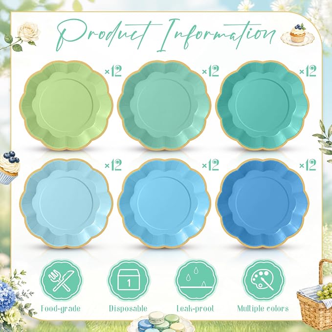 72 Pcs Teal Blue and Green Color Paper Plates 9 Inch Gradient Scalloped Paper Disposable Dinner Dessert Plates for Summer Beach Ocean Birthday Wedding Bridal Party Supplies