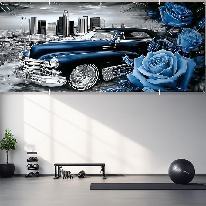 Lowrider Car Garage Door Banner Cover 7x16FT Waterproof – Vintage Blue Convertible & Blue Roses Backdrop with City Skyline,Outdoor Decor for Chicano Party,Car Show,Lowrider Birthday,Photo Booth