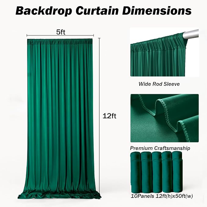 50ft×12ft Forest Green Backdrop Curtains for Wedding Parties, 10 Panels Wrinkle Free Polyester Photo Backdrop Drapes Back Drop Cloth for Birthday Photography Background