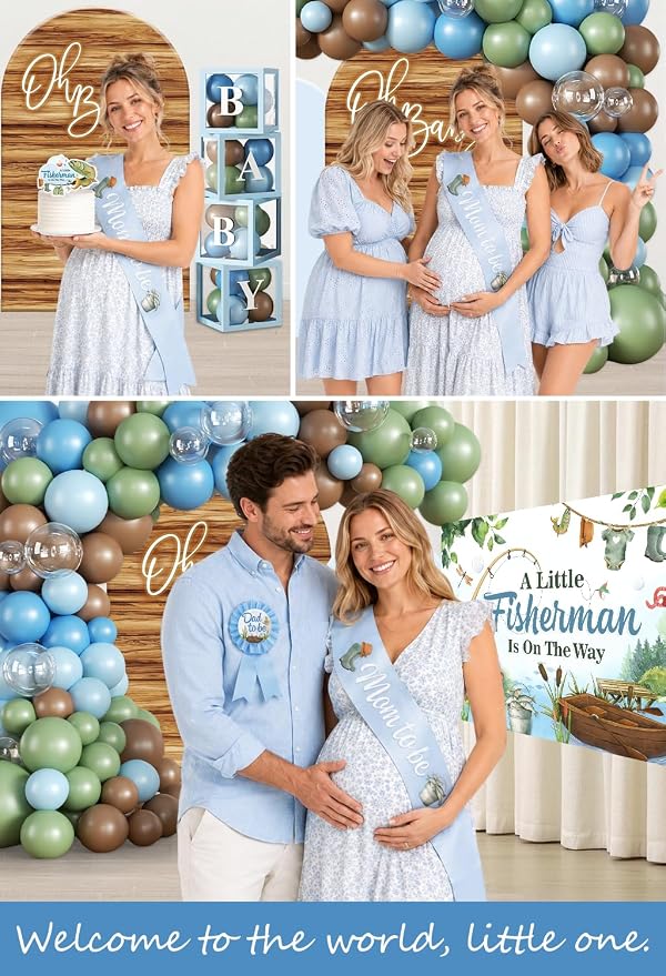 Fishing Baby Shower Decorations for Boy, All-in-one Fishing Party Decorations Includes Banner, Backdrop, Gone Fishing Balloon Arch, Cake Toppers, Tablecloth, Fisherman Welcome Baby Party Decor