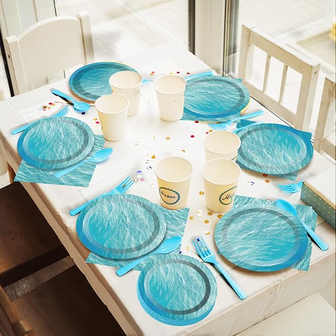 200 PCS Ocean Themed Paper Plates and Napkins Under the Sea Party Decorations Sea Waves Birthday Dessert Plates Supplies Tableware Set for Men Women Boy Girl Birthday Baby Shower Serve 50 Guests