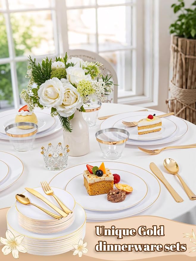 WDF 150Pcs White and Gold Plastic Plates - Gold Plates Disposable-25 Guest Disposable Dinnerware Include 25 Dinner Plate 25 Dessert Plate 25 Cutlery 25 9oz Cups for Wedding/Birthday/Thanksgiving