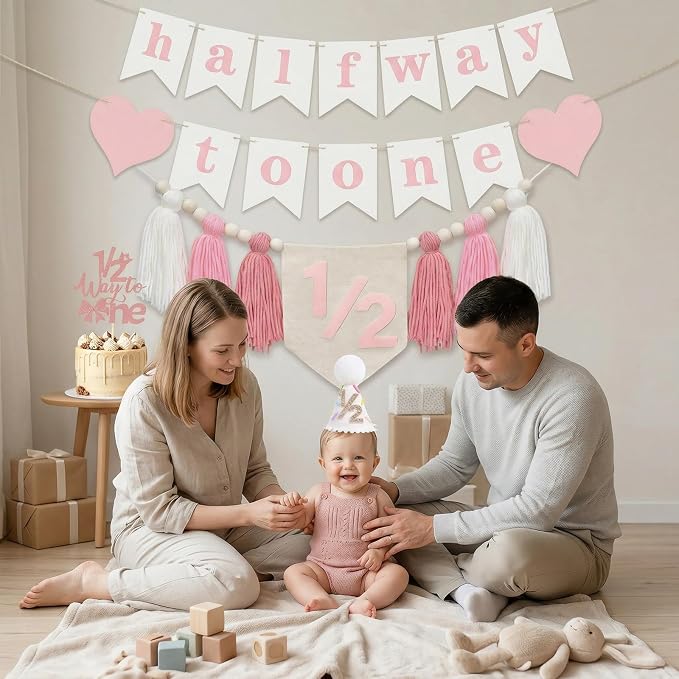Baby First Birthday Party Decorations First Highchair Banner For Baby Boys Blue High Chair Banner Crown Cake Topper Baby Photo Banner 1st Birthday Photo Backdrop (1/2 Pink)