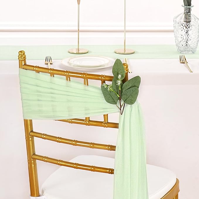 QueenDream Wedding Chair Sashes Aisle Decorations: 24 Pack Sage Green Chair Cover 8FT Long Tulle Draping Fabric Reception Church