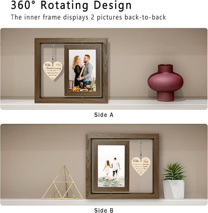 EYITUPC 15 Year Anniversary Picture Frame Gifts for Him Her,15th Wedding Anniversary Frame for Wife Couple Men, Display Two 4x6 Inch
