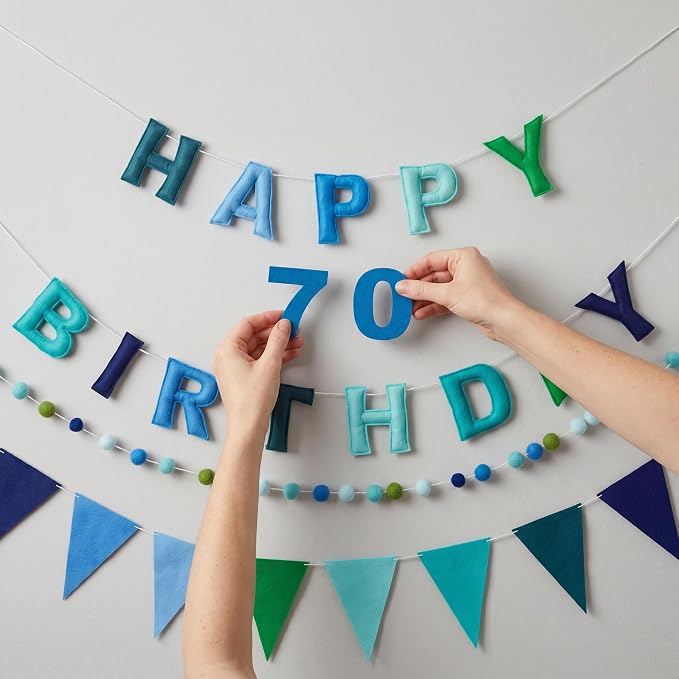 Pre-Strung Felt Happy Birthday Banner Decorations for Women Men | 3D Blue Birthday Party Decorations Sign with Replaceable Numbers 0-9,Multicolor Felt Ball & Triangle Flags Garland (Blue)