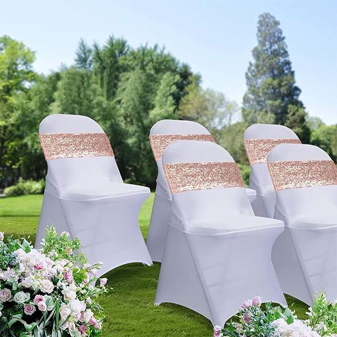 Sequin Rose Gold Chair Sashes 50 Pack, Pink Gold Chair Bows for Party Folding Chairs Decorations, Chairs Bands with Buckles for Wedding Fiestas Decor