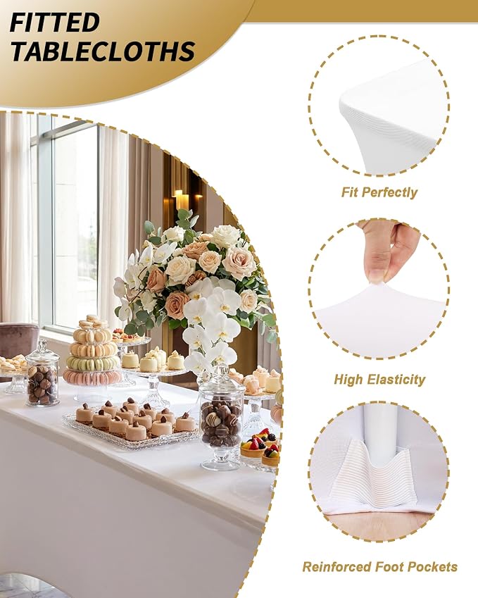 Fixwal 6 Pack White Tablecloth Rectangle 8Ft, Stretch Spandex Fitted Table Cover for Party, Trade Show, Wedding, Buffet, Graduation, Vendor Stand