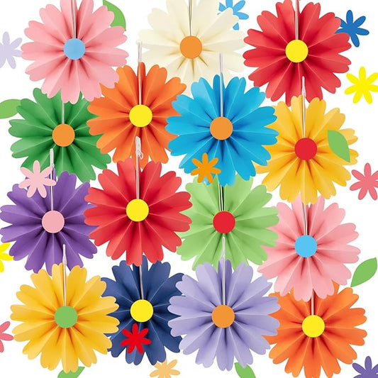PAPER JAZZ 15pcs Colorful Paper Flower Fiesta Paper Fan Party Decorations, Mini Mexican Hanging Ornaments,Rainbow Paper Daisy with Small Flower for Spring Summer Easter Party