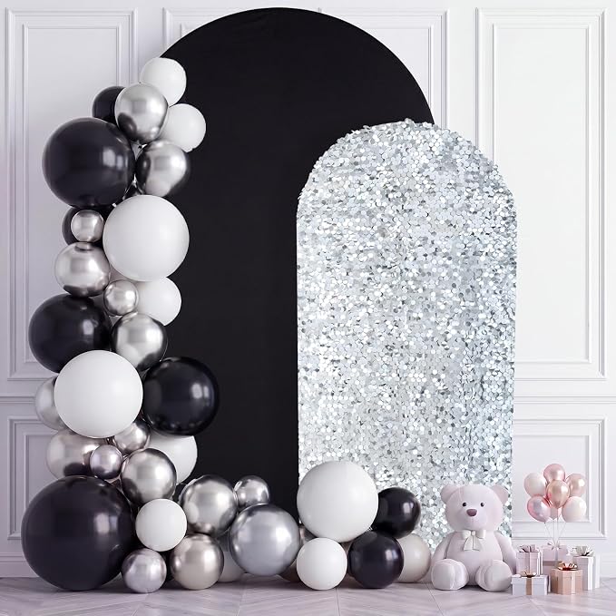 Black and Silver Arch Covers 7.2 and 6FT Sequin Arch Backdrop Cover Set of 2, Spandex Fitted Bling Sequin Arch Stand Covers for Birthday Party Ceremony Baby Shower Banquet Decoration
