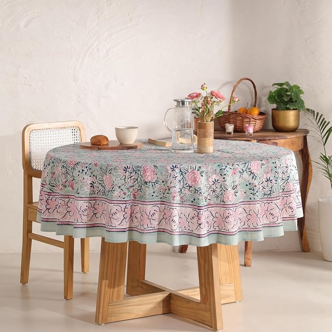 Hand Block Printed Tablecloth – Colorful Floral Print | 100% Cotton | Indian Artisan Handmade Art | Dining Room, Kitchen, Outdoor Décor, (Mint Green, 108 Inches Round)