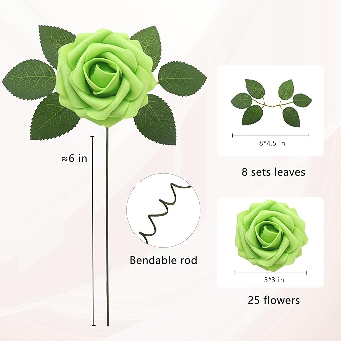 JOYLEX Artificial Flowers Realistic Roses, 25pcs Real Looking Fake Roses with Stem for DIY Wedding Bouquets Centerpieces Bridal Shower Party Home Romantic Decorations (Regular 3" - 25pcs, Green)