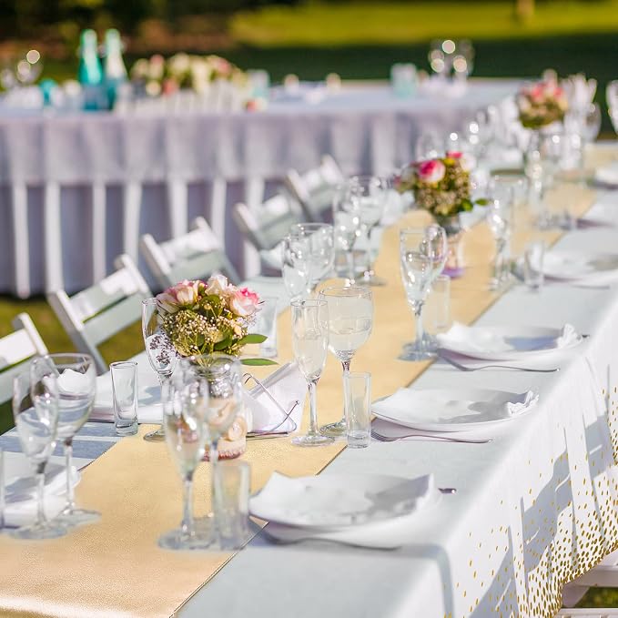 Tudomro 12 Pieces White and Gold Disposable Plastic Tablecloths and Satin Table Runner Set 54x108 Inch Tablecloth 12x108 Inch Table Runners for New Year Wedding Birthday Baby Shower Graduation
