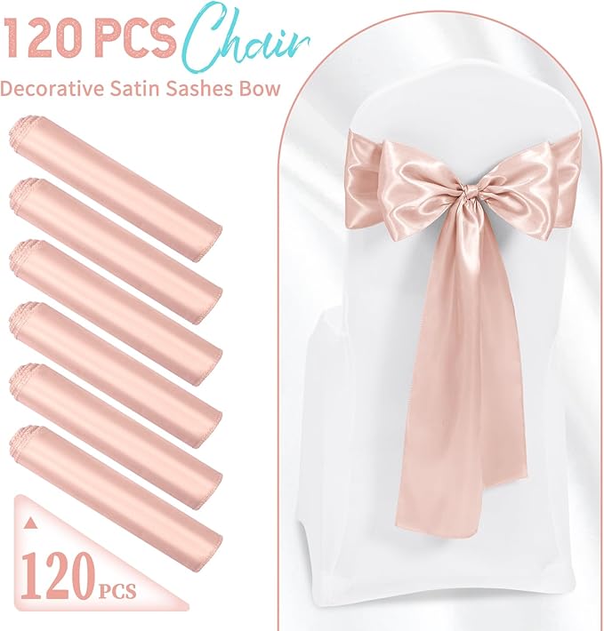 120 PCS Rose Gold Satin Chair Sashes, Ties Bows Designed Chairs Decorative, Chair Cover Sashes for Thanksgiving Wedding Christmas Banquet Party Home Kitchen Decoration (7 x 108 inch)