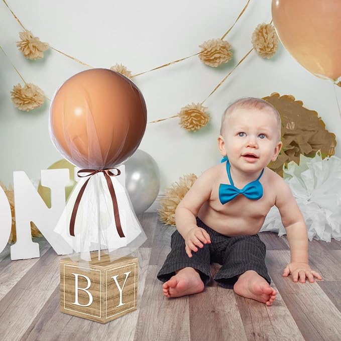 6 Set Pink Brown bear Tulle Tutu Balloon with Letter Boxes Baby Shower Table Centerpieces Decor for Gender Reveal 24'' Balloons White Tulle Cover with Stand, Boxes for Girl Boy Wedding Birthday Party