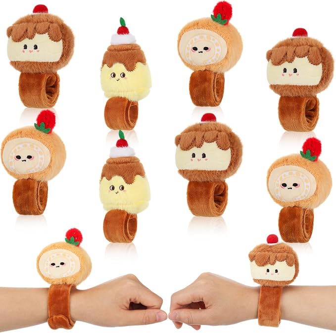 Lenwen 8 Pcs Dessert Stuffed Slap Bracelets for Kids Plush Dessert Slap Snap Bracelets Bulk Sweet Pudding Roll Cake Plush Wrist Bands for Food Birthday Graduation Party Favors Gift Boys Girls