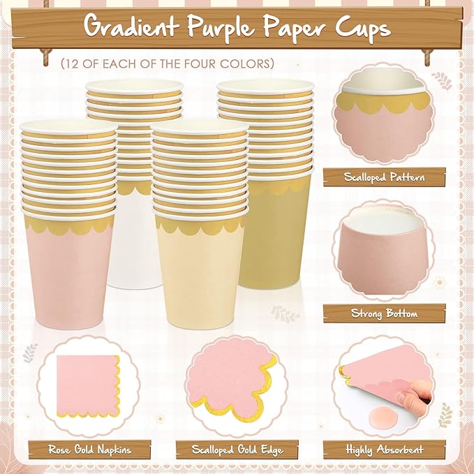 Mimorou 338 Pcs Champagne-gold Beige Plates and Napkins Party Supplies Rose Gold Tableware Include Scalloped Pink Plates Paper Napkin Cup Spoon Fork Knife for Boho Baby Shower, Wedding, Birthday