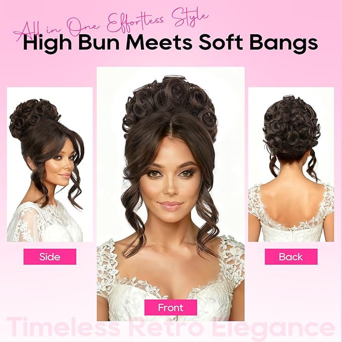 REECHO Messy Bun Hair Piece with Bangs - 2-in-1 Hair Bun Hairpieces Curly Updo Wig & Hair Topper with Long Side Bangs Natural-Looking Drawstring Ponytail Extension for Women - Chestnut Brown