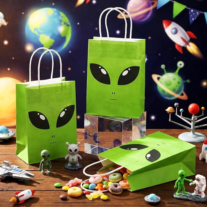 Tosstuki 24 Pcs Alien Gift Bags Alien Birthday Decoration Ufo Aliens Party Paper Bags with Handles for Kids Boys Girls Birthday Space Theme Celebrations Events Supplies