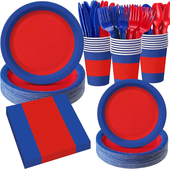 400 Pcs Red and Blue Party Decoration for 50, Blue Red Paper Plates Napkins Cups Tablecloth Cutlery Disposable Tableware Set for Spider Birthday 4th of July Party Supplies