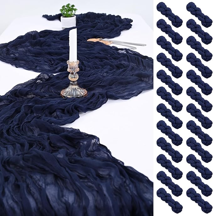 24 Pack Navy Blue Cheesecloth Table Runner,Gauze Boho Long Cheese Cloth Table Runner 17x108 inch Rustic Table Runners for Wedding Party Bridal Shower Banquet Table Decorations
