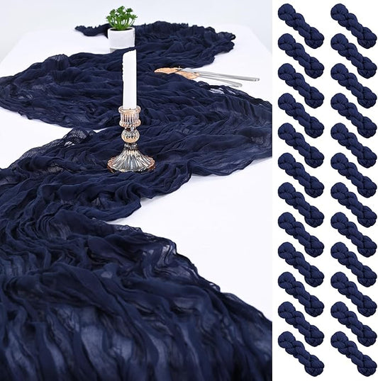 24 Pack Navy Blue Cheesecloth Table Runner,Gauze Boho Long Cheese Cloth Table Runner 17x108 inch Rustic Table Runners for Wedding Party Bridal Shower Banquet Table Decorations