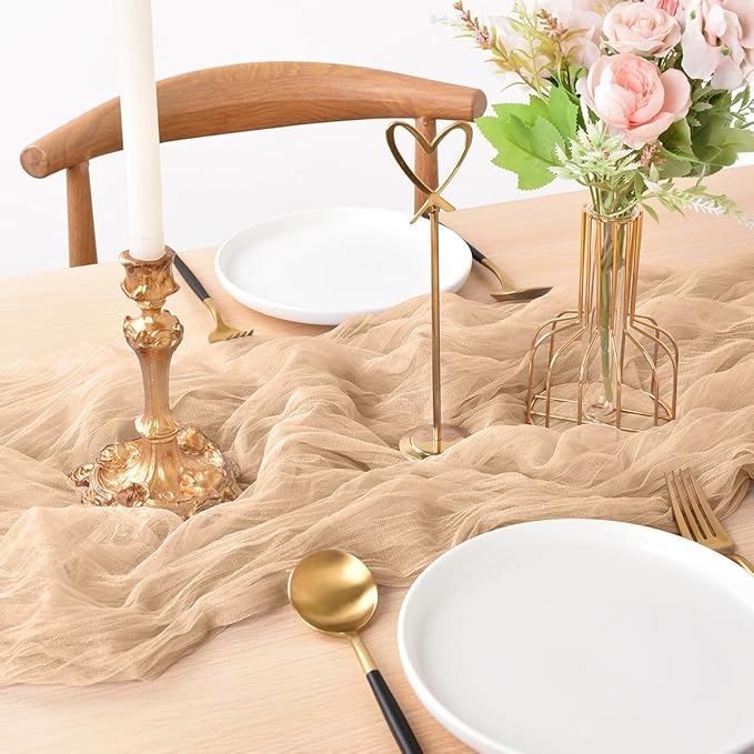 Joanlody Champagne Cheesecloth Table Runner Spring Summer 10Ft Rustic Gauze Boho Cheese Cloth Table Runner for Wedding Bridal Baby Shower Decoration