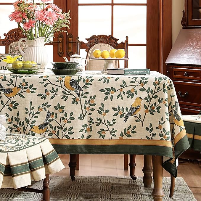 patdrea Designer French Linen Tablecloth,Rectangular,87"x55"-Warbler A | Vintage Table Cloth for Rectangle Table,Yellow and Green Floral Pattern,Dining Room Tea Party Thanksgiving Decor