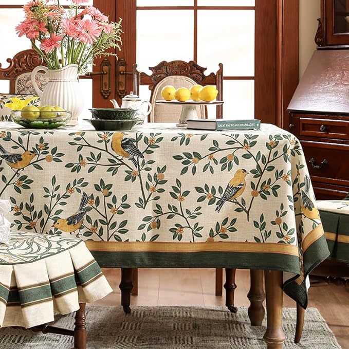 patdrea Designer French Linen Tablecloth,Rectangular,94"x63"-Warbler A | Vintage Large Table Cloth for Rectangle Table,Yellow and Green Floral Pattern,Dining Room Tea Party Thanksgiving Decor