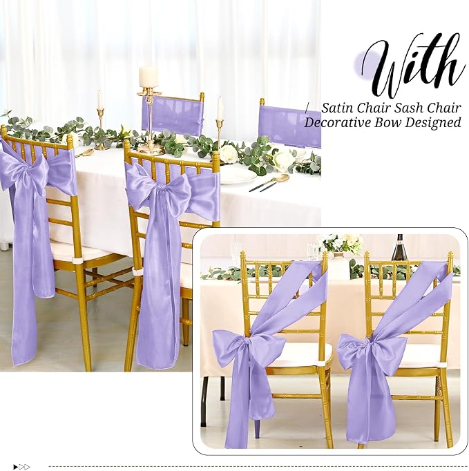 120 PCS Lavender Satin Chair Sashes Bows Purple Satin Chair Sashes Universal Chair Cover for Wedding Reception Restaurant Event Decoration Banquet,Party,Hotel Event Decorations (7 x 108 inch)
