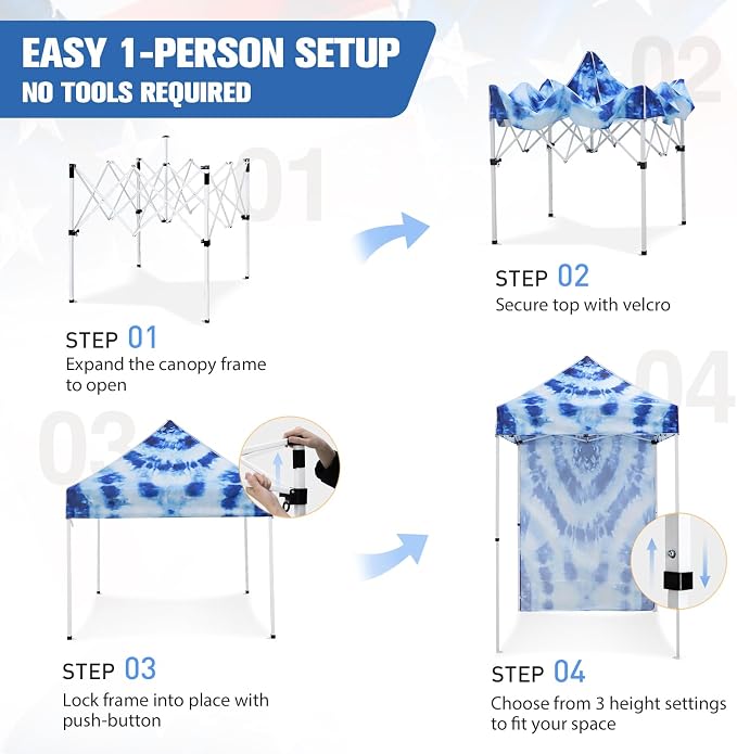 EAGLE PEAK Pop up Canopy 5x5, Outdoor Portable Canopy Tent with One Removable Sunwall, Carry Bag Included, Tie Dye Blue