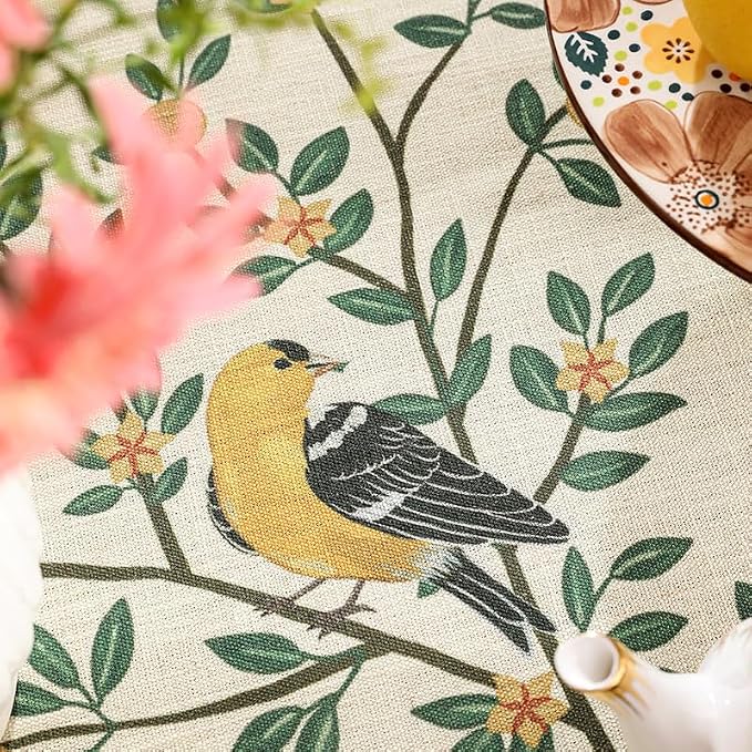 patdrea Designer French Linen Tablecloth,Rectangular,110"x63"-Warbler A | Vintage Table Cloth for Rectangle Table,Yellow and Green Floral Pattern,Dining Room Tea Party Thanksgiving Decor