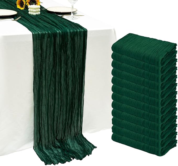 12Pack Emerald Green Table Runner 10Ft Cheesecloth Table Runner Boho Gauze Table Runners Long Cheese Cloth Table Runners for Wedding Party Bridal Shower Thanksgiving Christmas
