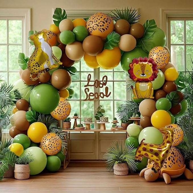 Sage Green Brown Balloons Double Stuffed Dusty Olive Green Mustard Yellow Balloon Arch Animal Print Balloons Palm Leaves for Baby Shower Birthday Safari Jungle Woodland Wild One Tropical Party Decor