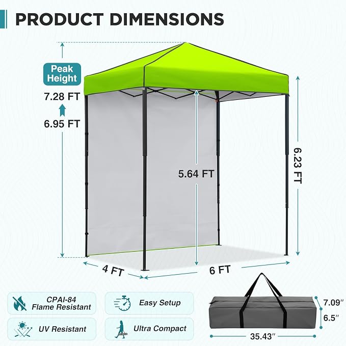 EAGLE PEAK 6x4 Instant Pop Up Canopy Tent with 1 Side Wall Panel, Straight Leg Sun Shelter, Portable Canopy with Carry Bag for Camping, Beach & Sports, Neon Green